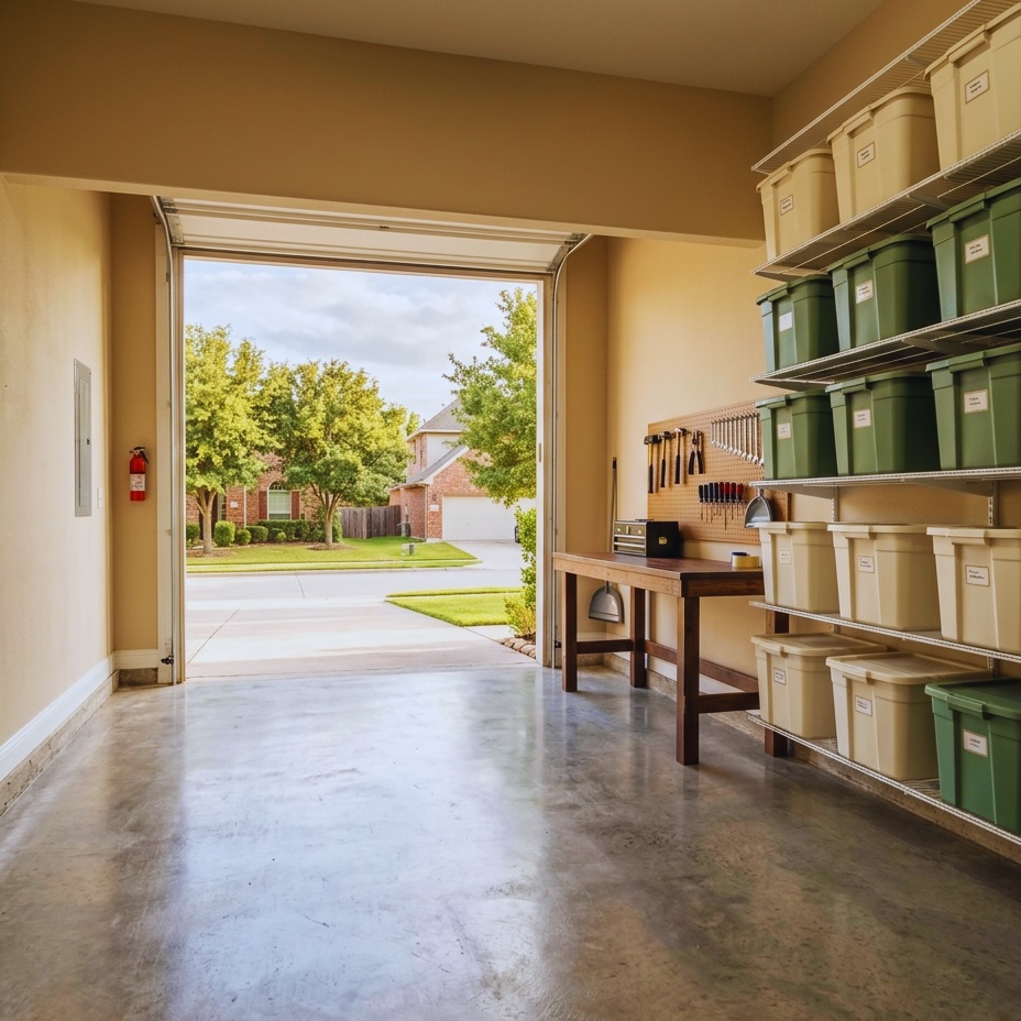 A pristine residential garage after a Hauld cleanout — organized green and beige storage bins on wire shelving, a tidy wooden workbench, polished concrete floor, and an open garage door looking out to a McKinney neighborhood.