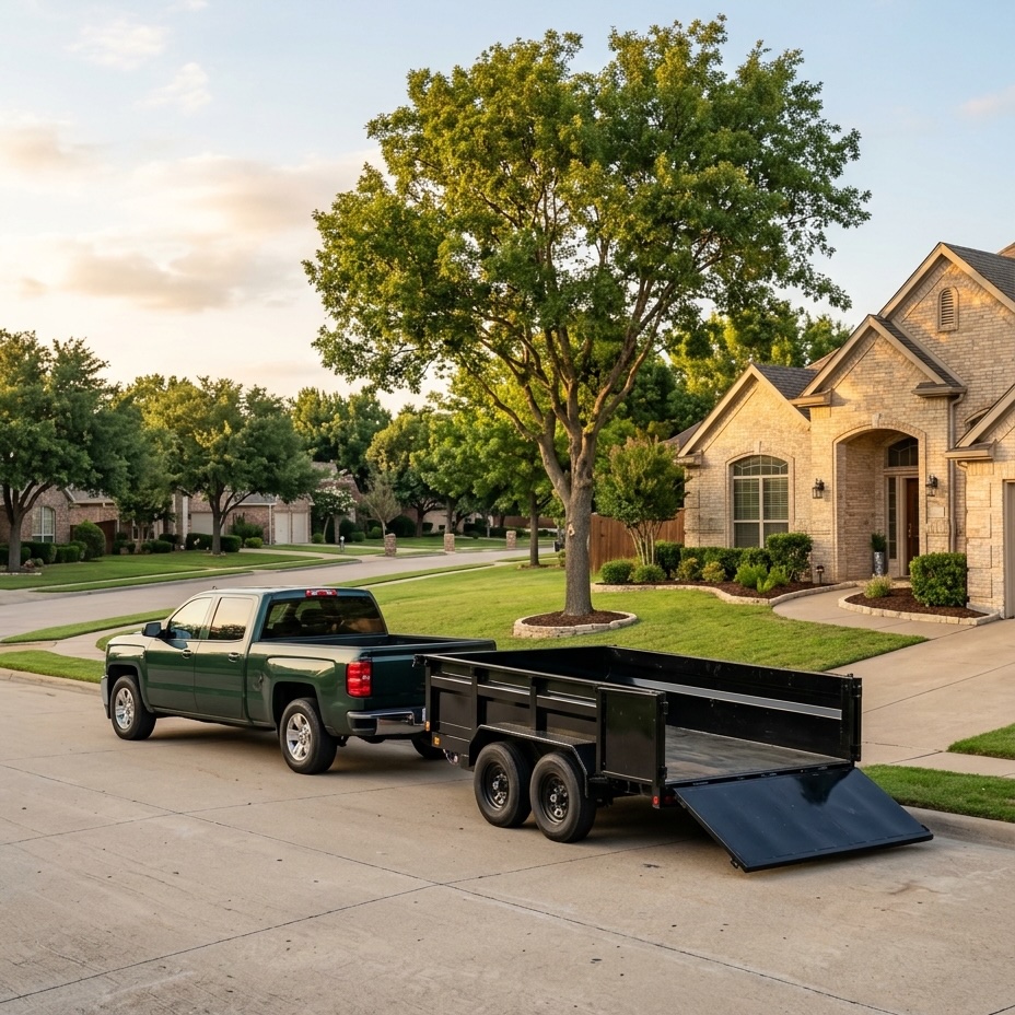 A clean dark forest-green pickup truck with dump trailer parked in a McKinney driveway in golden afternoon light — staged and ready for a Hauld garage cleanout.