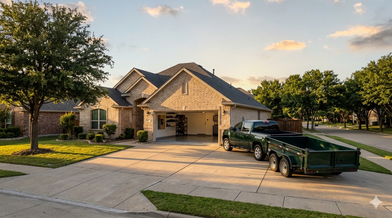 Dark forest-green pickup truck and dump trailer parked in the driveway of a McKinney home at golden hour, garage door open, ready for a Hauld cleanout.